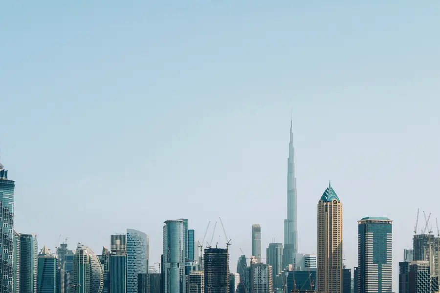 The Dubai Downtown skyline under clear sky, Burj Khalifa at centre