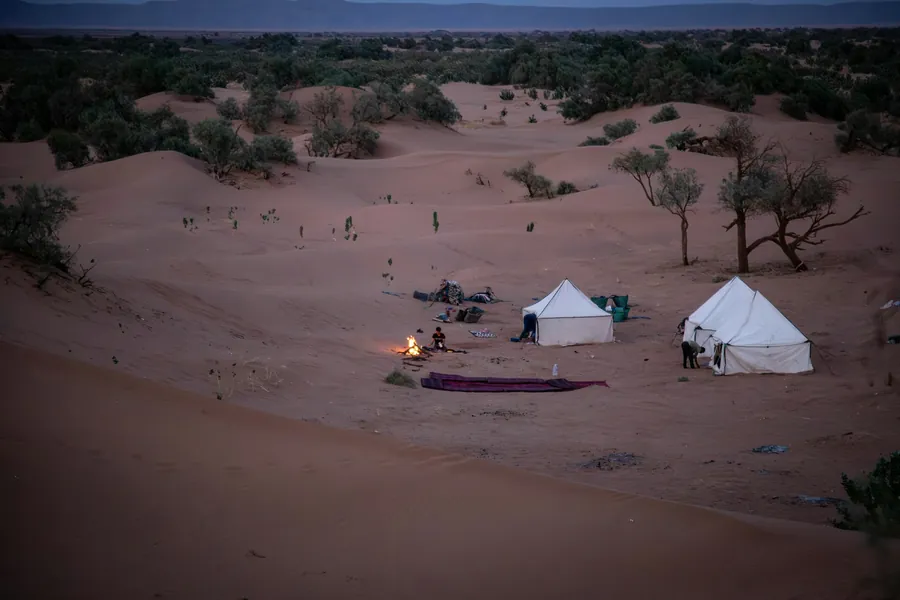 White camp tents pitched among the dunes
